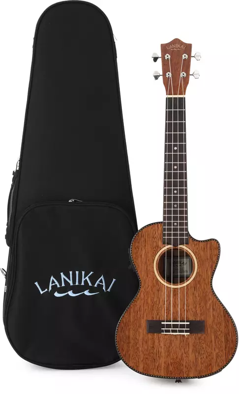 Ukelele met daarnaast een zwarte tas met de naam Lanikai.